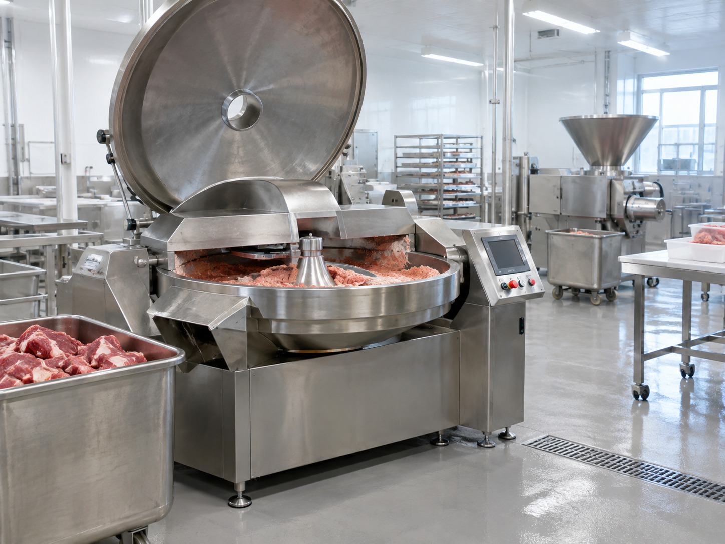 Stainless steel equipment in an illustrative meat-processing facility